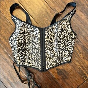 Leopard Print Lace-Up Corset Top - Black Trim